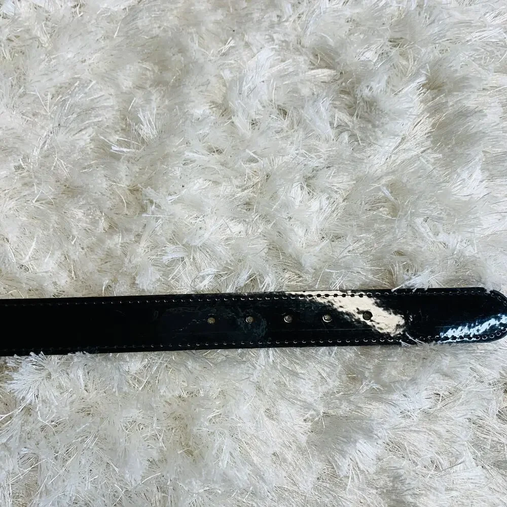 Black Patent Leather Belt Vintage Medium Large Gold Buckle